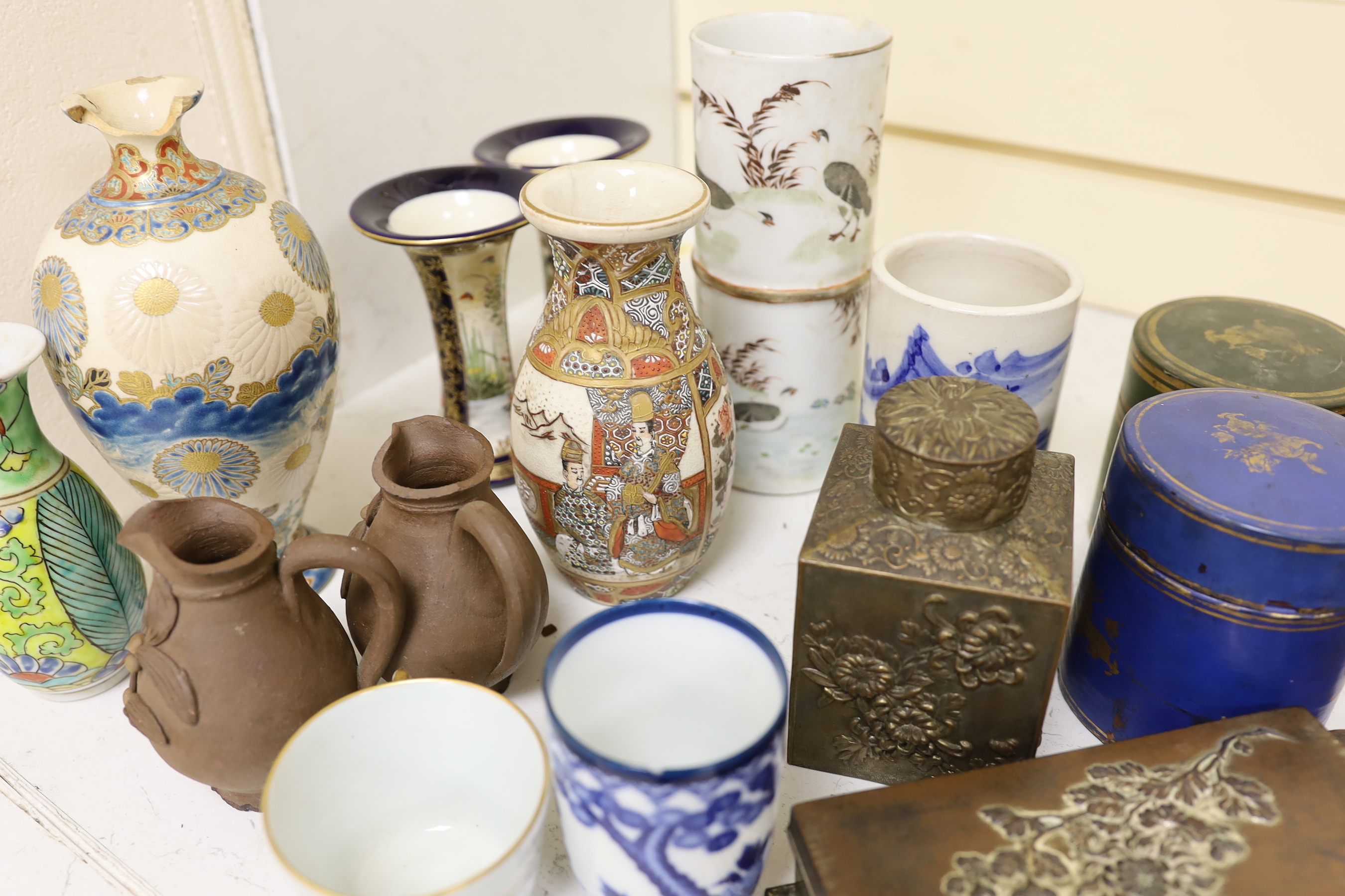 Mixed Japanese ceramics including Satsuma pottery, Japanese and Timoney boxes and covers, Chinese carved and lacquered figure, Burmese lacquer boxes etc.